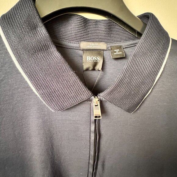 NWT Hugo Boss Slim Fit Mercerised Short Sleeve Zip Golf Shirt Navy - Picture 8 of 10